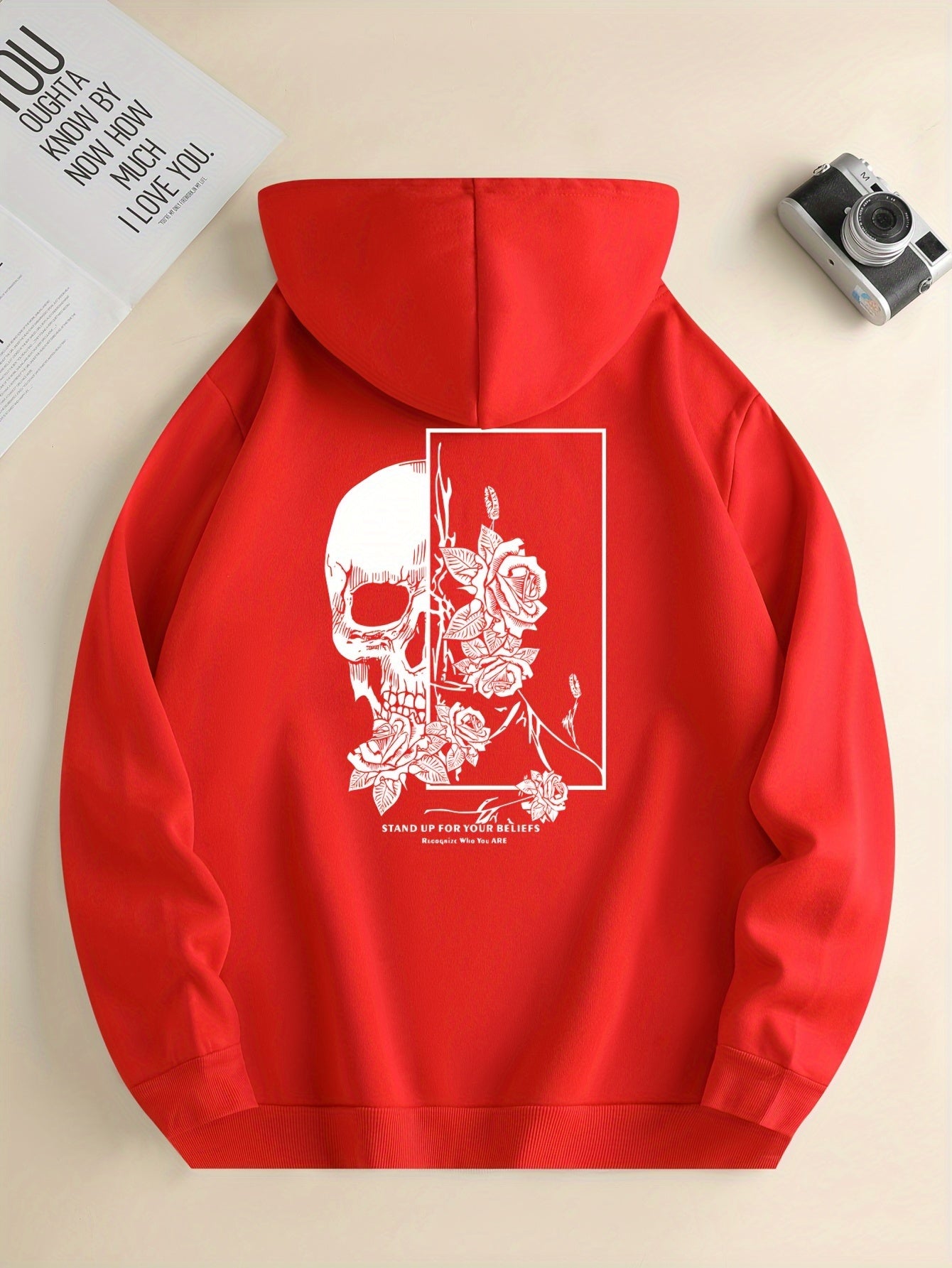 Bluza z Kapturem z Graficznym Nadrukiem Czaszki i Róż