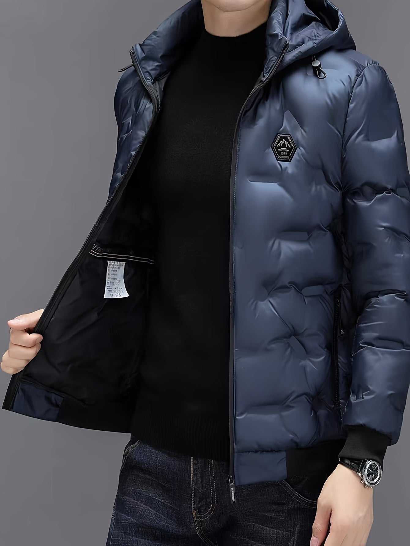 Męska pikowana puchowa kurtka zimowa z kapturem