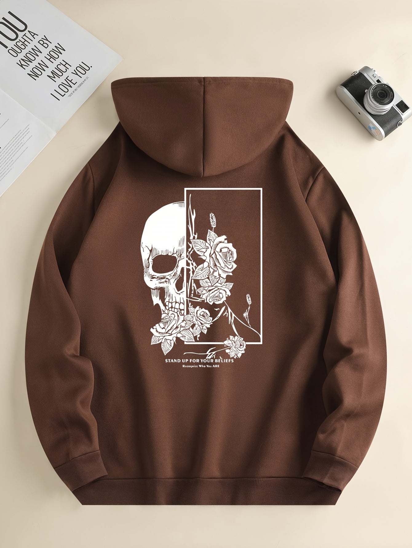 Bluza z Kapturem z Graficznym Nadrukiem Czaszki i Róż