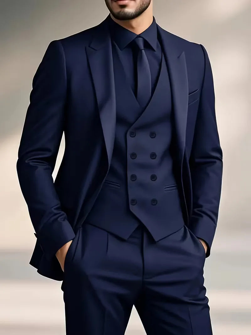 Męski Garnitur 3-Częściowy Slim Fit – Elegancki Garnitur z Dwurzędową Kamizelką