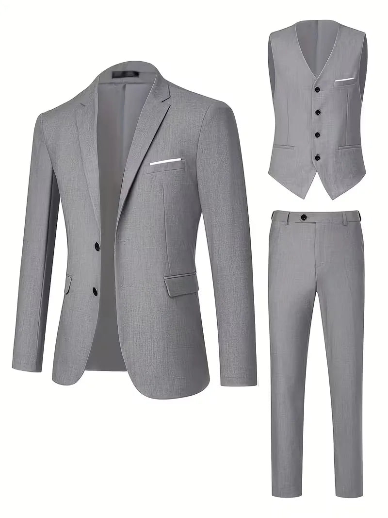 Męski Garnitur 3-Częściowy Slim Fit – Marynarka, Kamizelka i Spodnie