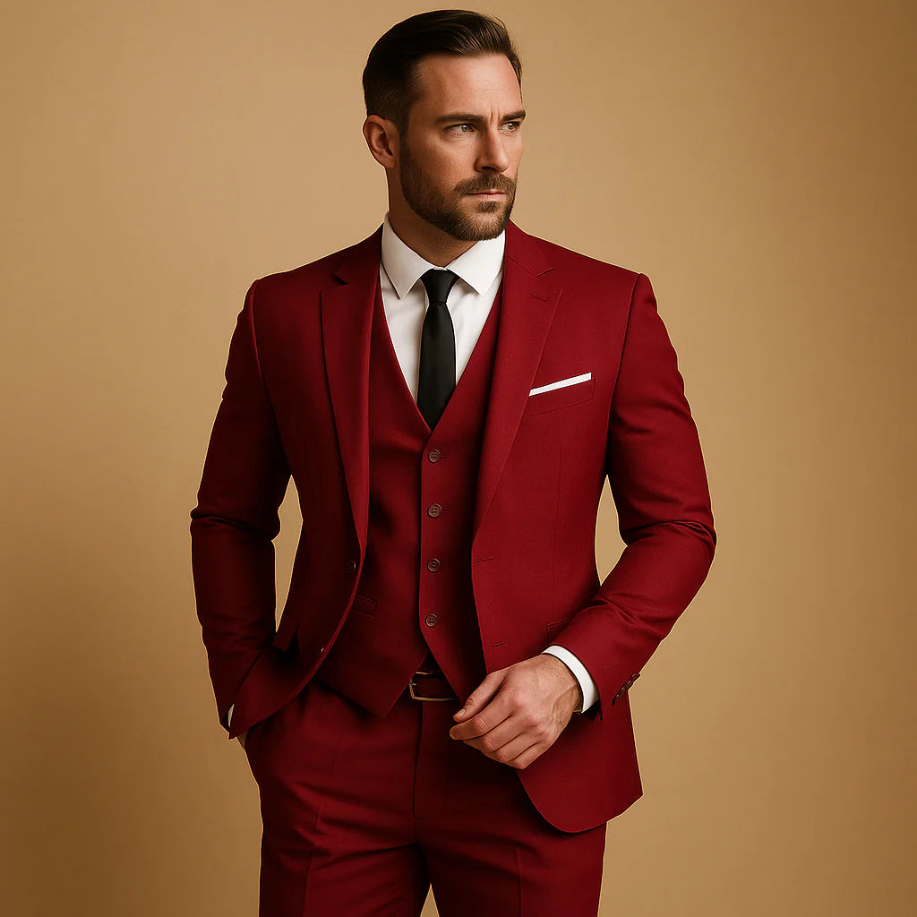 Męski Garnitur 3-Częściowy Slim Fit z Marynarką, Kamizelką i Spodniami