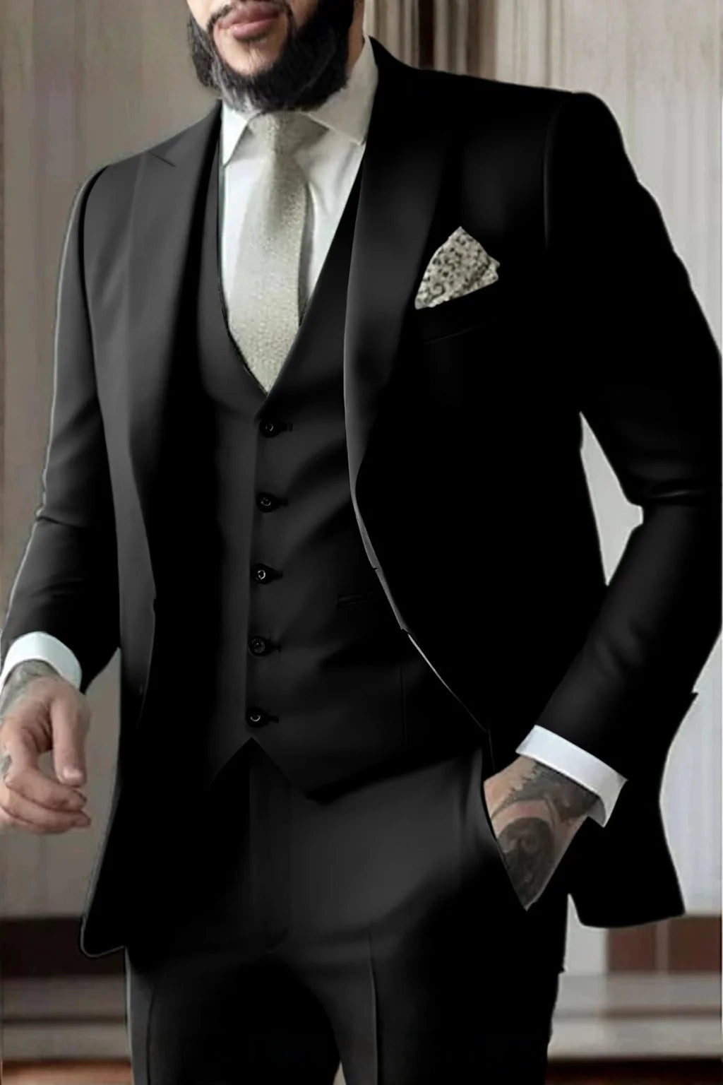 Męski Garnitur 3-Częściowy Slim Fit z Kamizelką i Marynarką