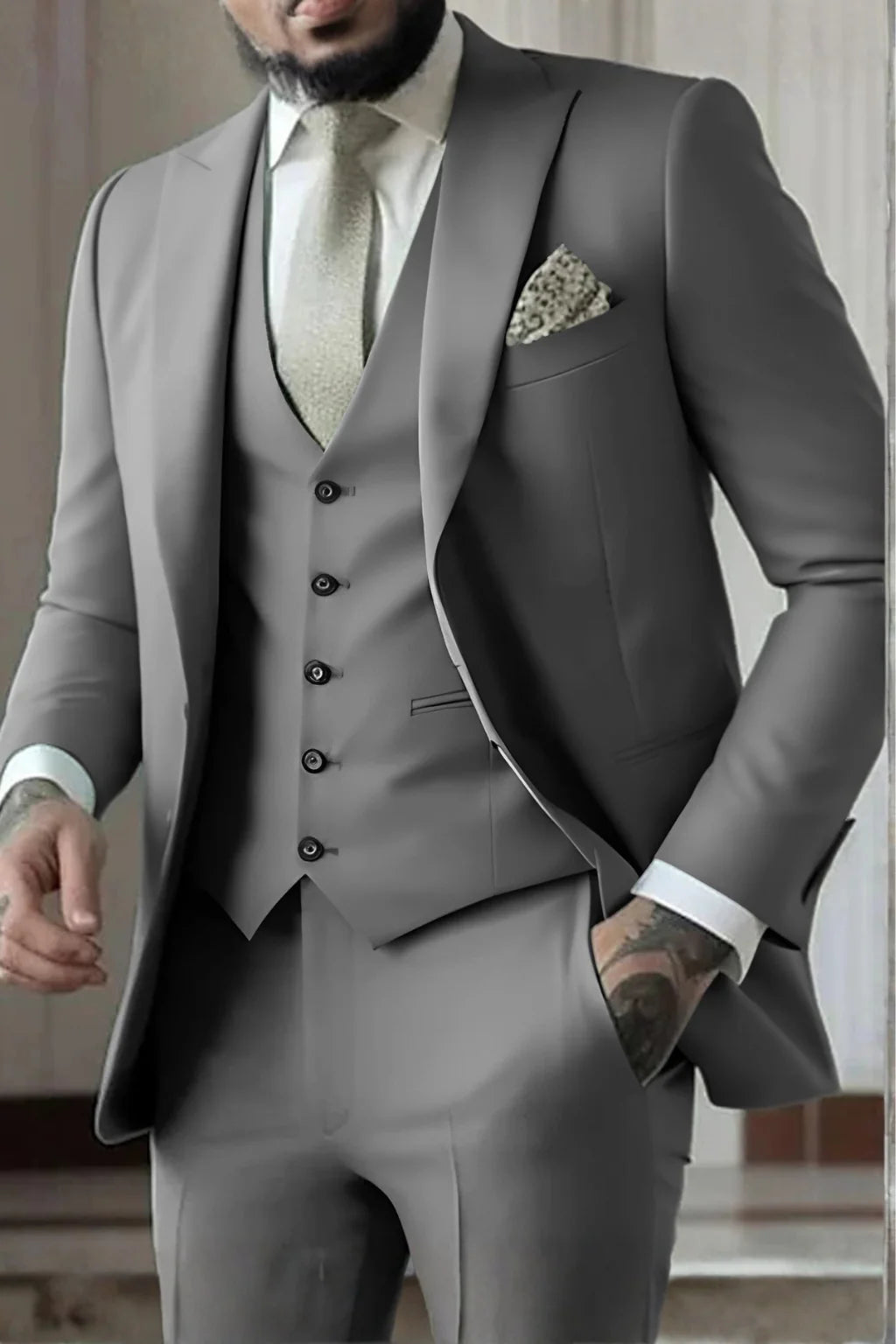 Męski Garnitur 3-Częściowy Slim Fit z Kamizelką i Marynarką
