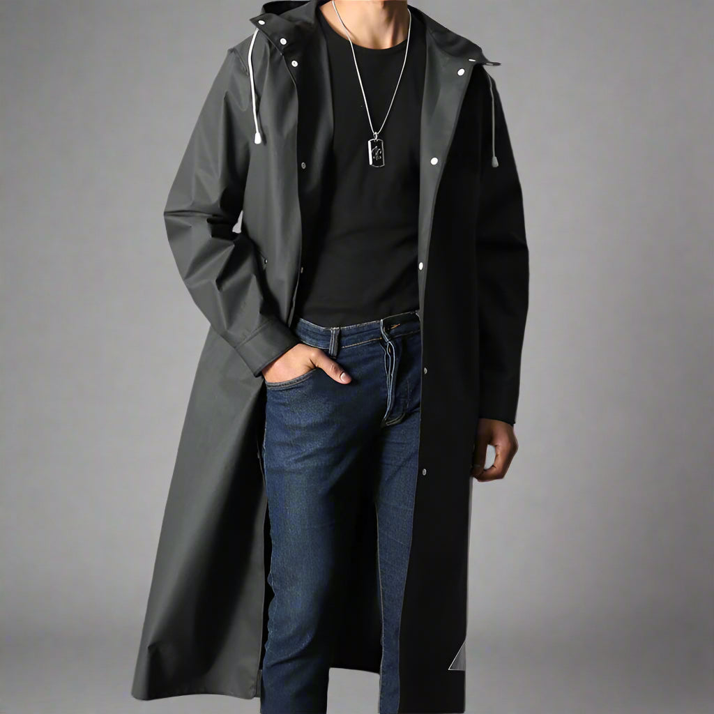 Męski długi płaszcz przeciwdeszczowy z kapturem