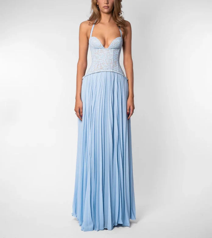 Długa Sukienka Maxi Halter z Plisowaną Spódnicą – Elegancka Sukienka Wieczorowa na Wesele