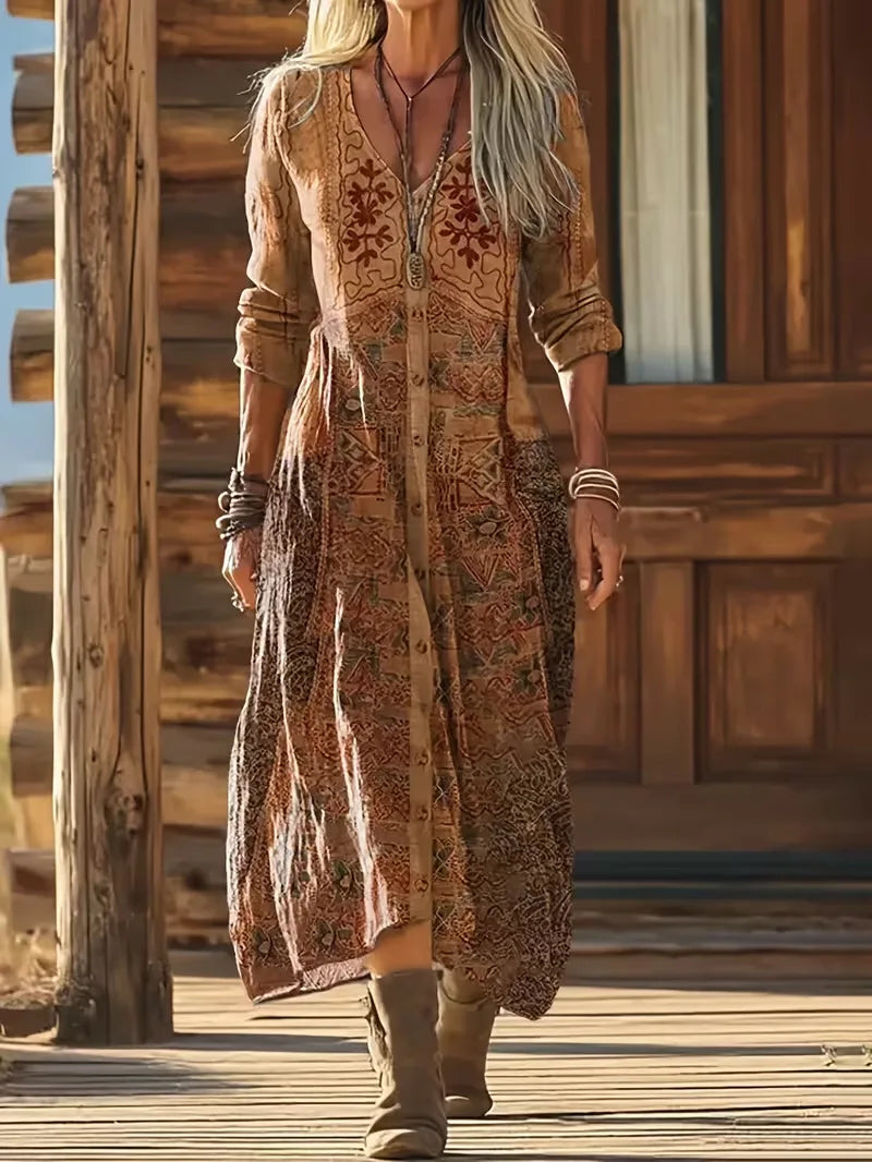 Długa Sukienka Boho z Dekoltem V i Długim Rękawem