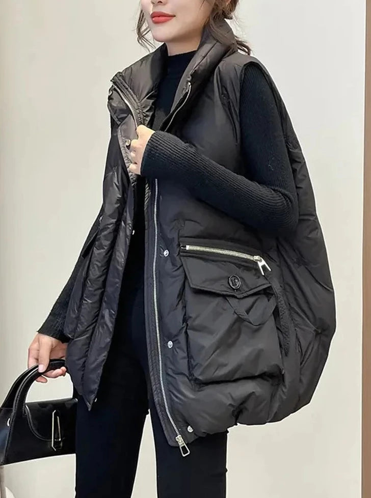 Damska luźna puchowa kamizelka z wysokim kołnierzem i kieszeniami