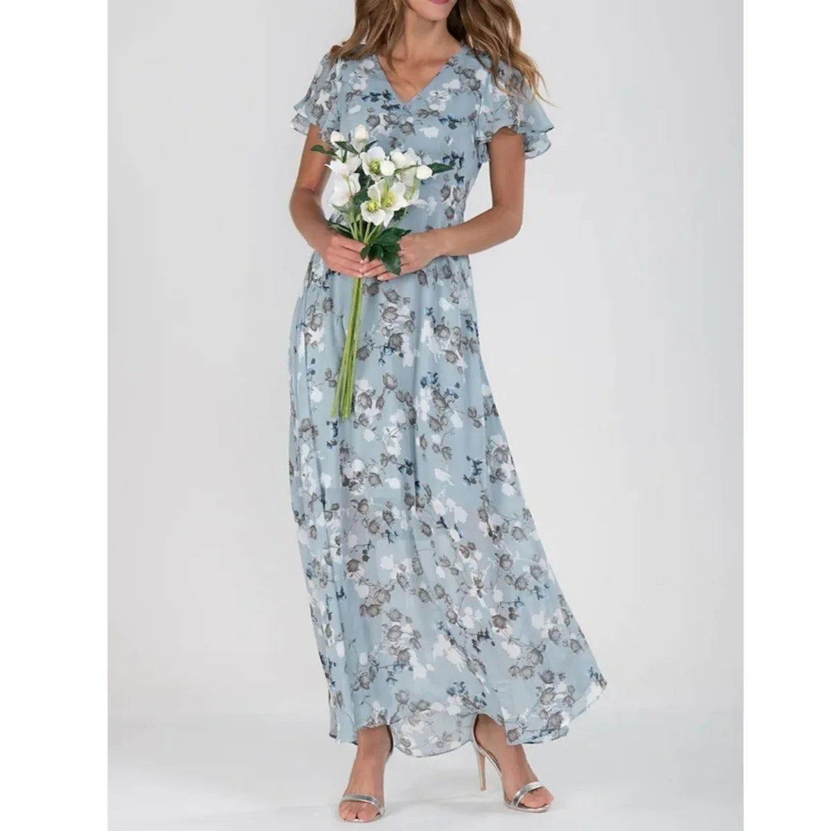 Damska szyfonowa sukienka maxi w kwiaty z krótkim rękawem i dekoltem V
