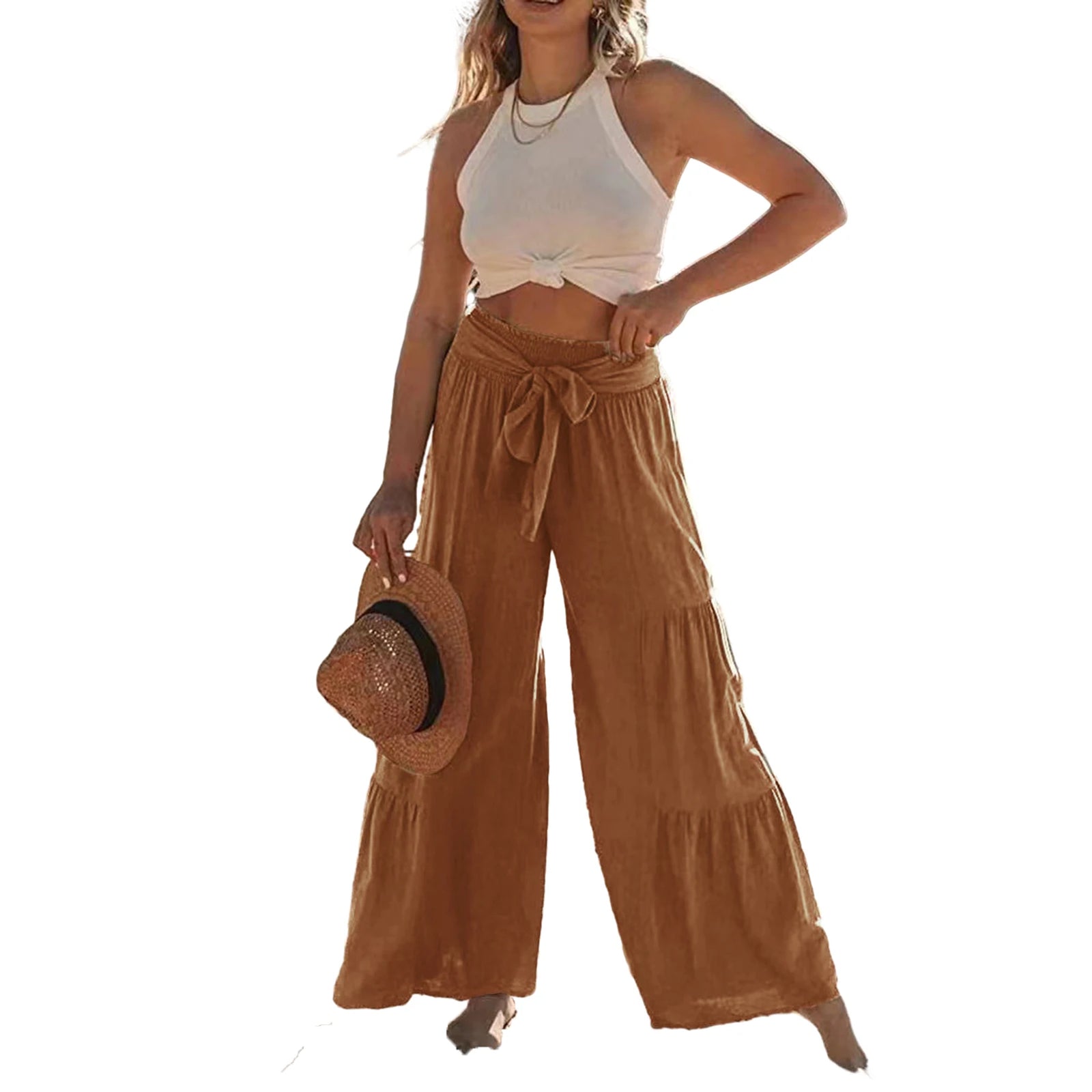 Damskie szerokie luźne spodnie z wysokim stanem i wiązaniem w talii