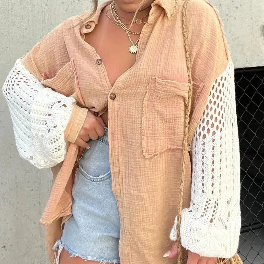 Damska Koszula z Ażurowymi Rękawami Boho