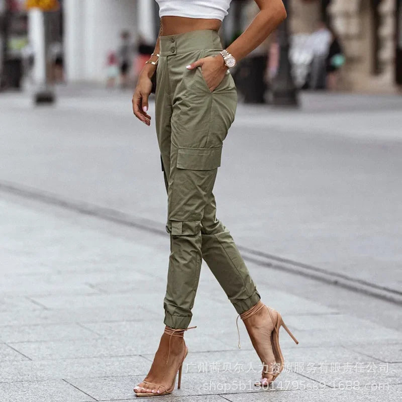 Damskie spodnie cargo bojówki z wysokim stanem i kieszeniami