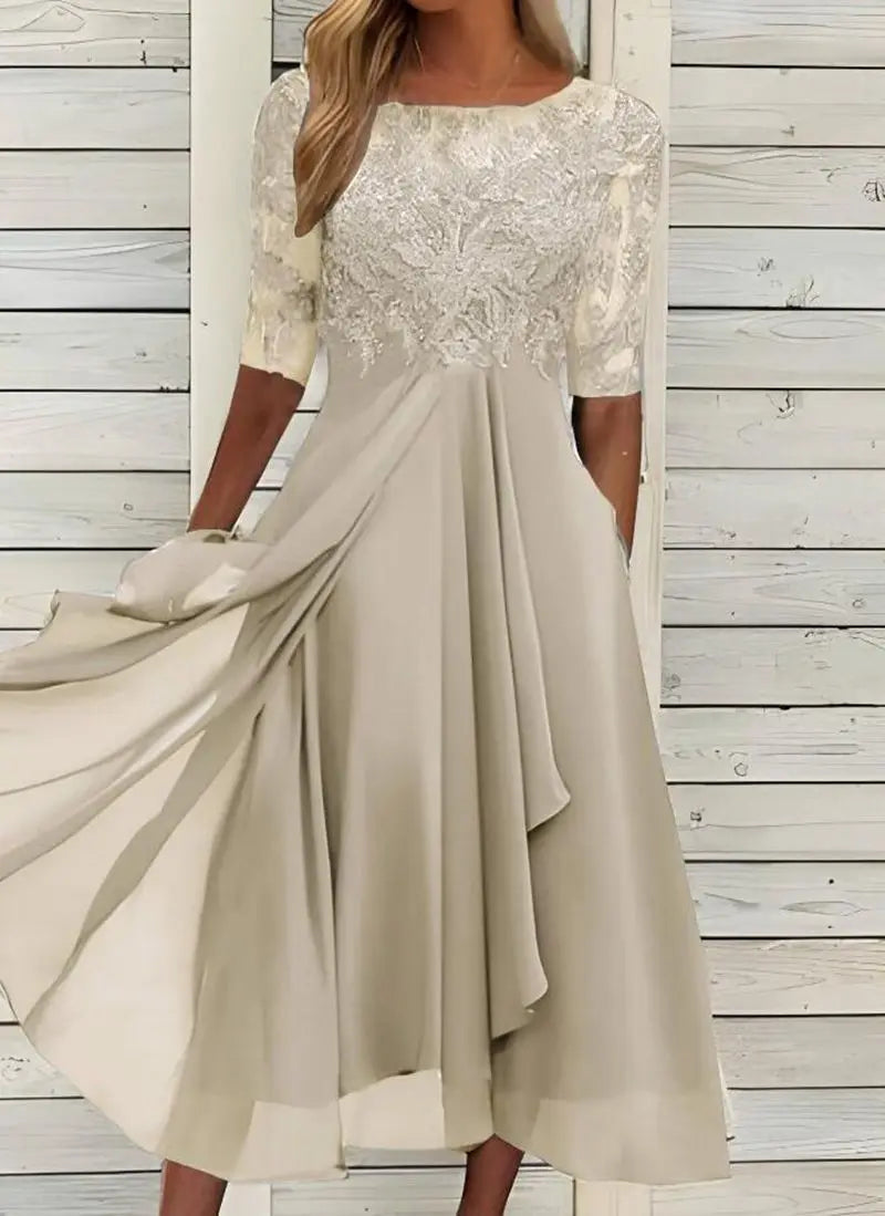 Elegancka Sukienka Midi z Koronką i Szyfonową Spódnicą