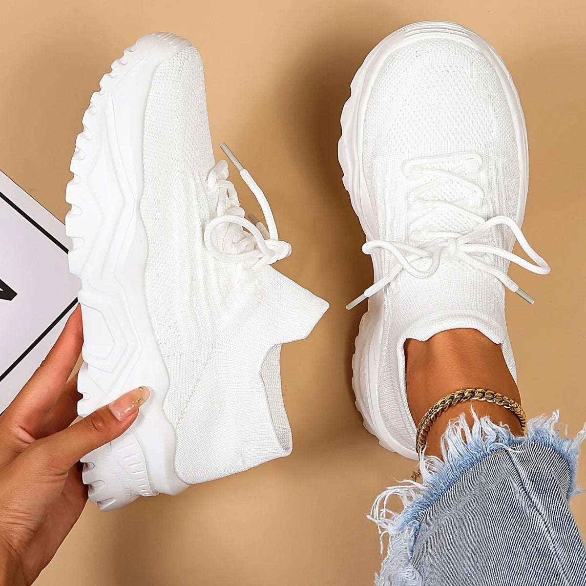 Damskie sneakersy skarpetkowe na grubej podeszwie – sportowe buty wsuwane