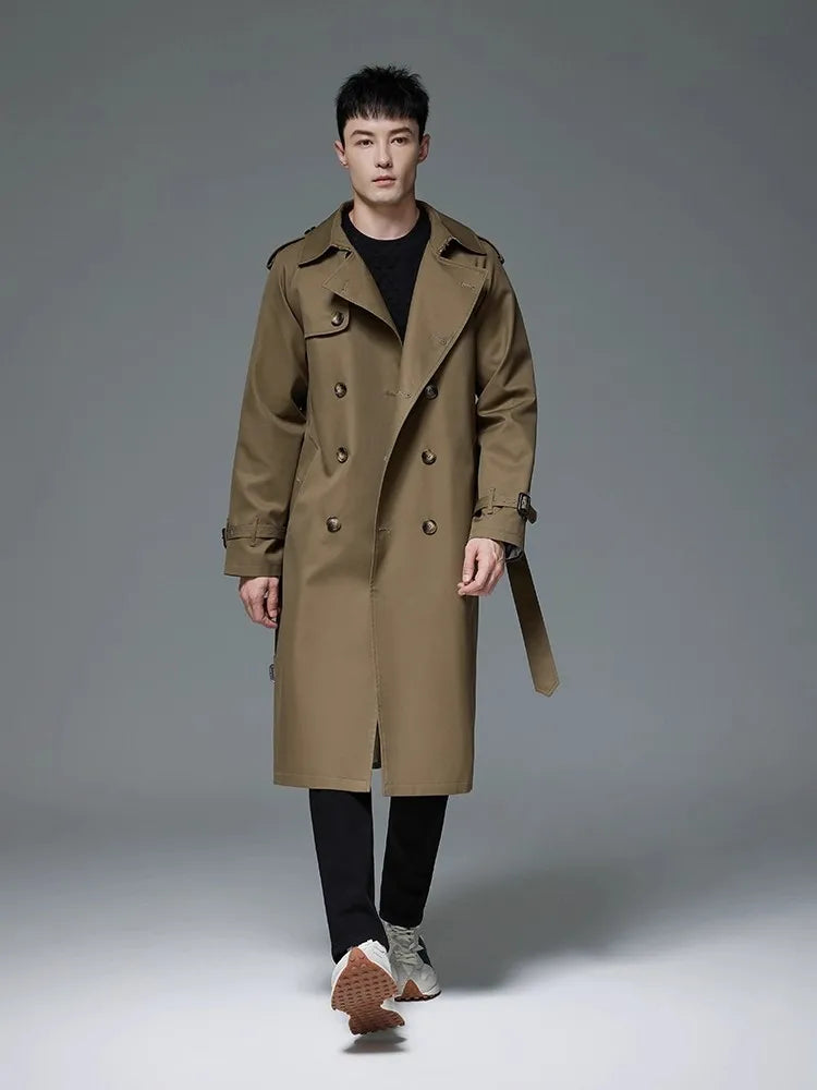 Męski trencz klasyczny, wodoodporny i wiatroszczelny, elegancki płaszcz z paskiem