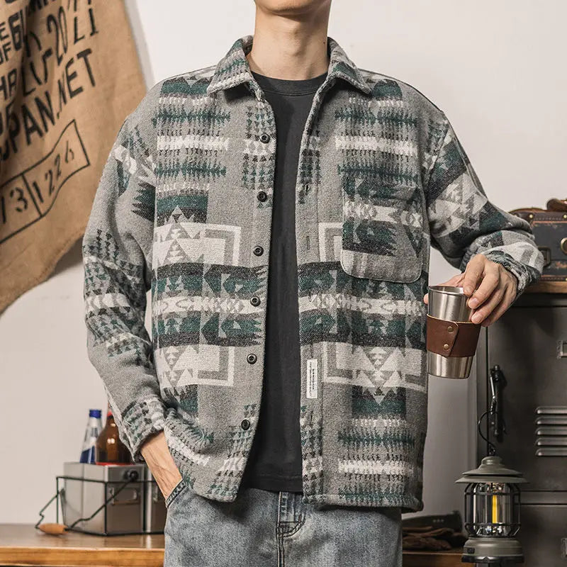 Męska koszula flanelowa z etnicznym wzorem – gruba koszula overshirt na jesień i zimę