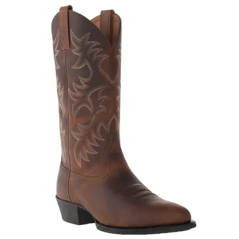 Męskie kowbojki z haftem, klasyczne western boots, skórzany wygląd