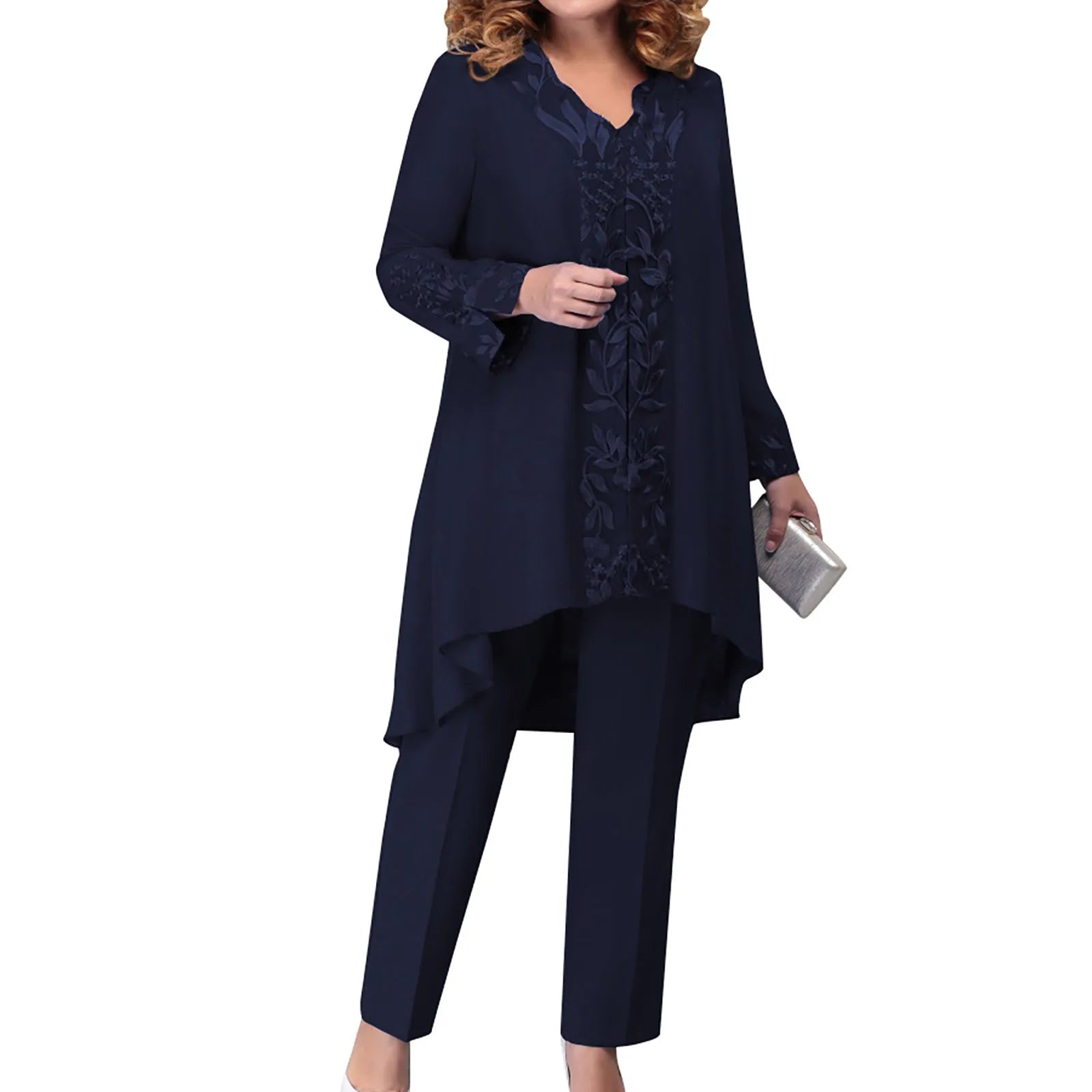 Elegancki komplet damski z tuniką i spodniami – szyfonowy zestaw na wesele i uroczystości