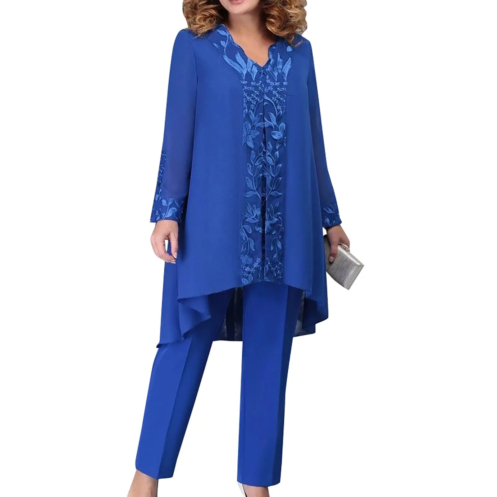 Elegancki komplet damski z tuniką i spodniami – szyfonowy zestaw na wesele i uroczystości