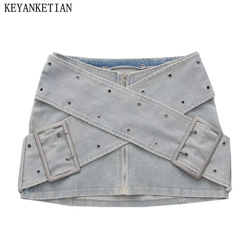 Modna Spódnica Jeansowa z Krzyżowanymi Pasami