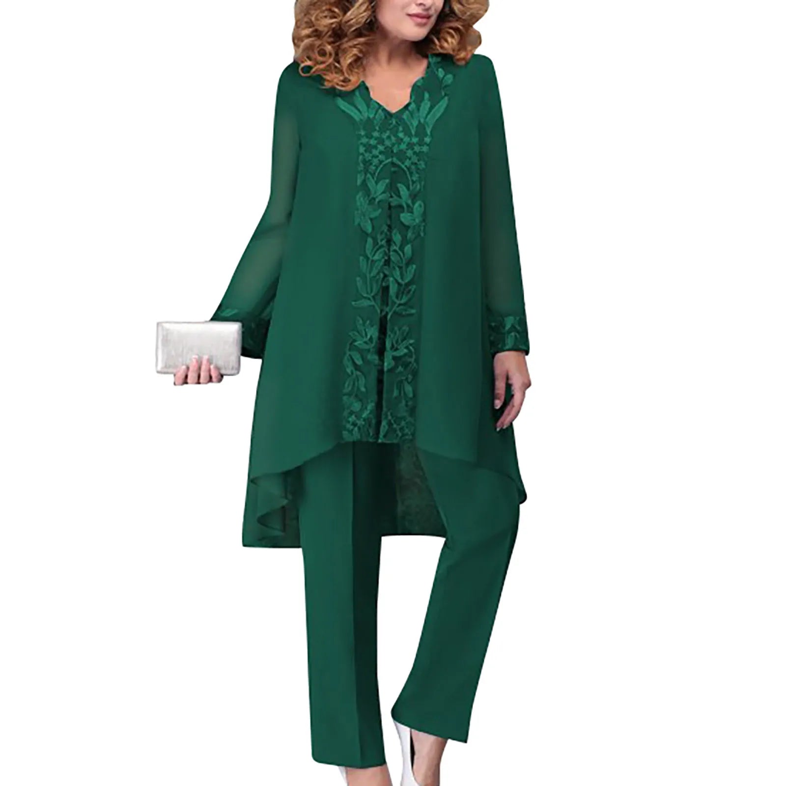 Elegancki komplet damski z tuniką i spodniami – szyfonowy zestaw na wesele i uroczystości