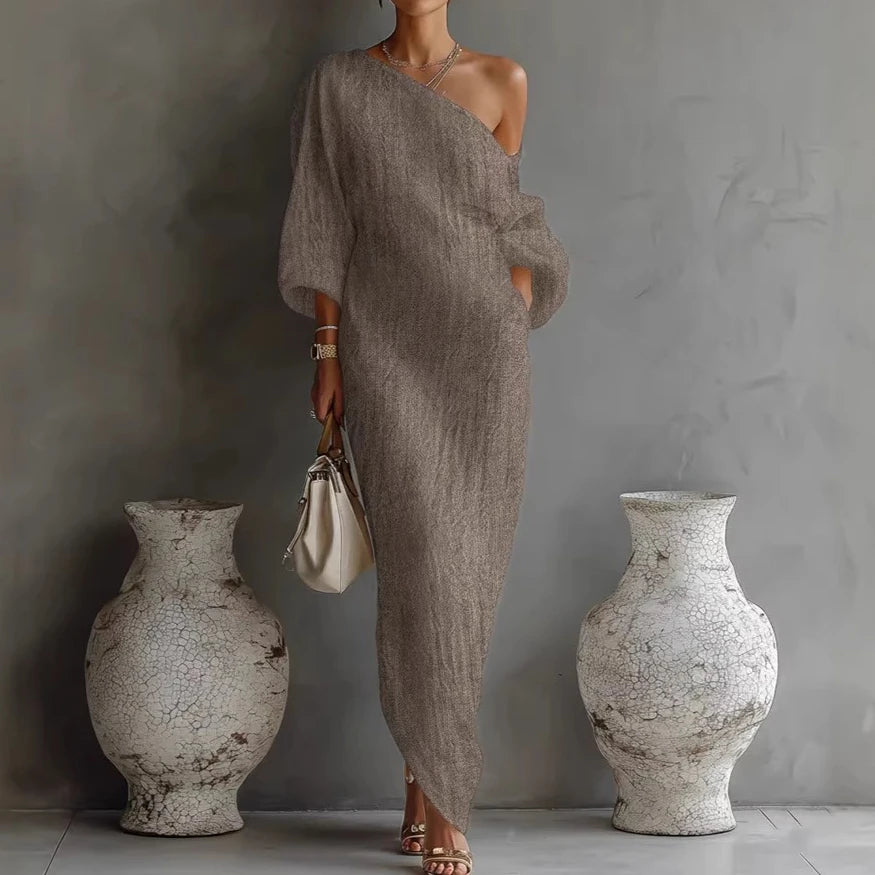 Długa Sukienka Maxi One Shoulder z Luźnym Fasonem