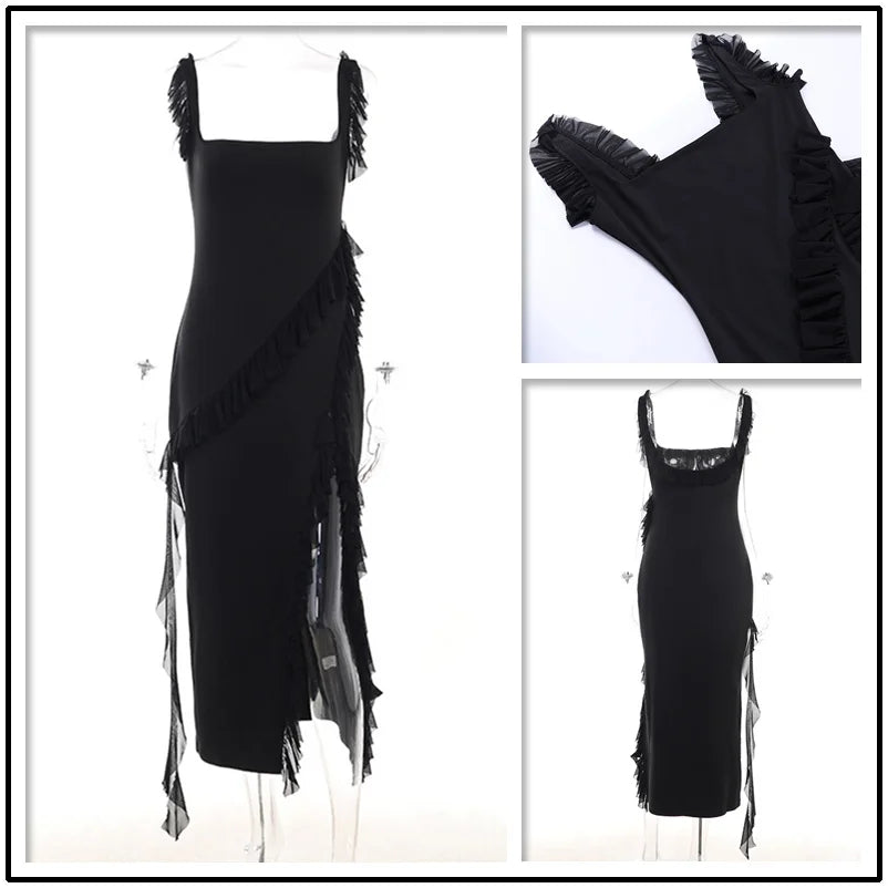 Sukienka z falbanami i wysokim rozcięciem