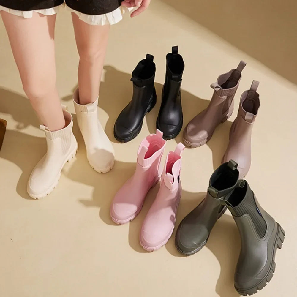 Damskie kalosze krótkie z elastyczną cholewką – wodoodporne botki na deszcz