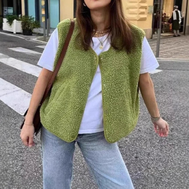 Damska kamizelka typu miś, zapinana na napy, casual na chłodne dni