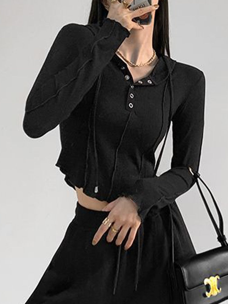 Damska Bluza Crop z Kapturem i Guzikami