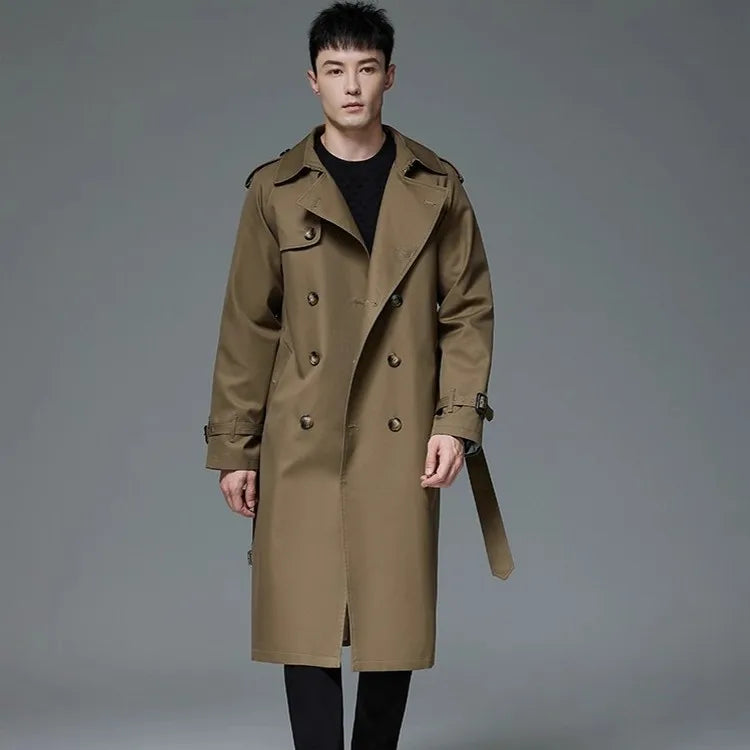 Męski trencz klasyczny, wodoodporny i wiatroszczelny, elegancki płaszcz z paskiem
