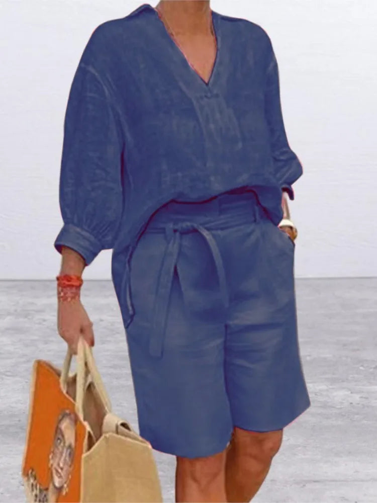 Lniany Komplet Damski z Koszulą i Szortami