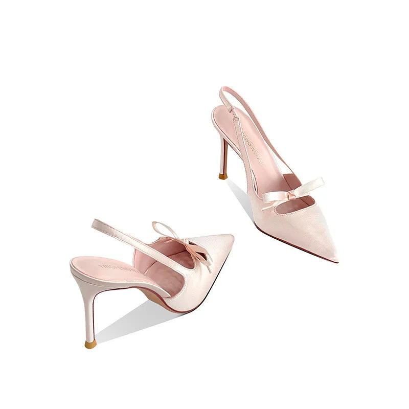 Satynowe Czółenka Slingback na Szpilce z Kokardką – Eleganckie Damskie Szpilki