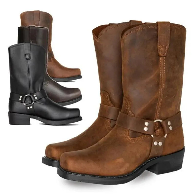 Męskie botki kowbojki z paskiem i nitami, klasyczny styl western