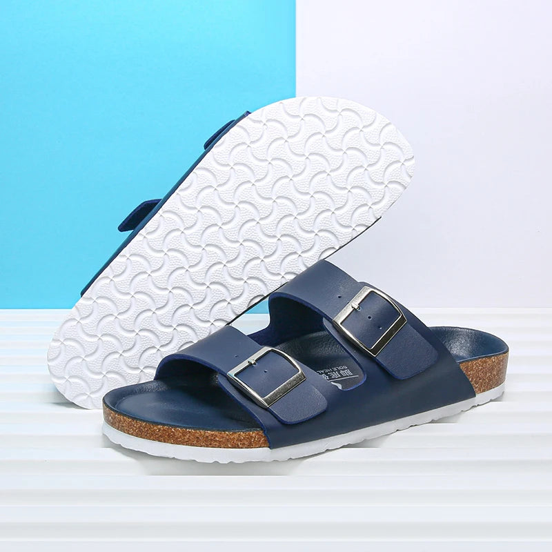 Męskie Skórzane Sandały z Paskami i Korkową Podeszwą