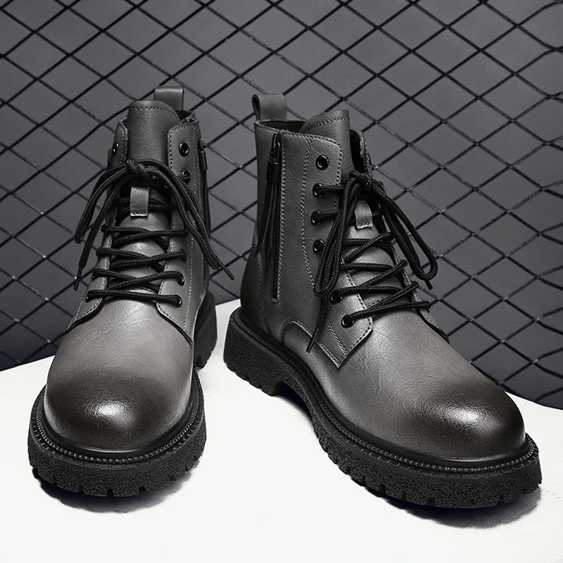 Męskie buty zimowe sznurowane z zamkiem – skórzane trapery