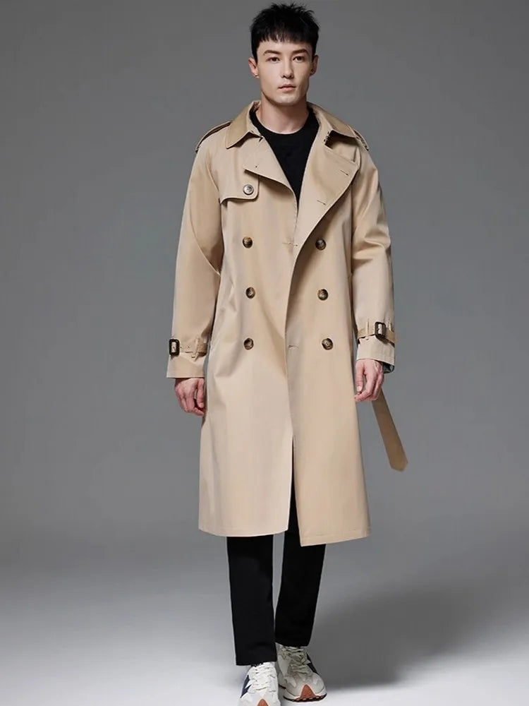 Męski trencz klasyczny, wodoodporny i wiatroszczelny, elegancki płaszcz z paskiem