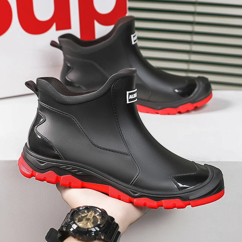 Męskie kalosze gumowe wodoodporne – elastyczne buty z antypoślizgową podeszwą