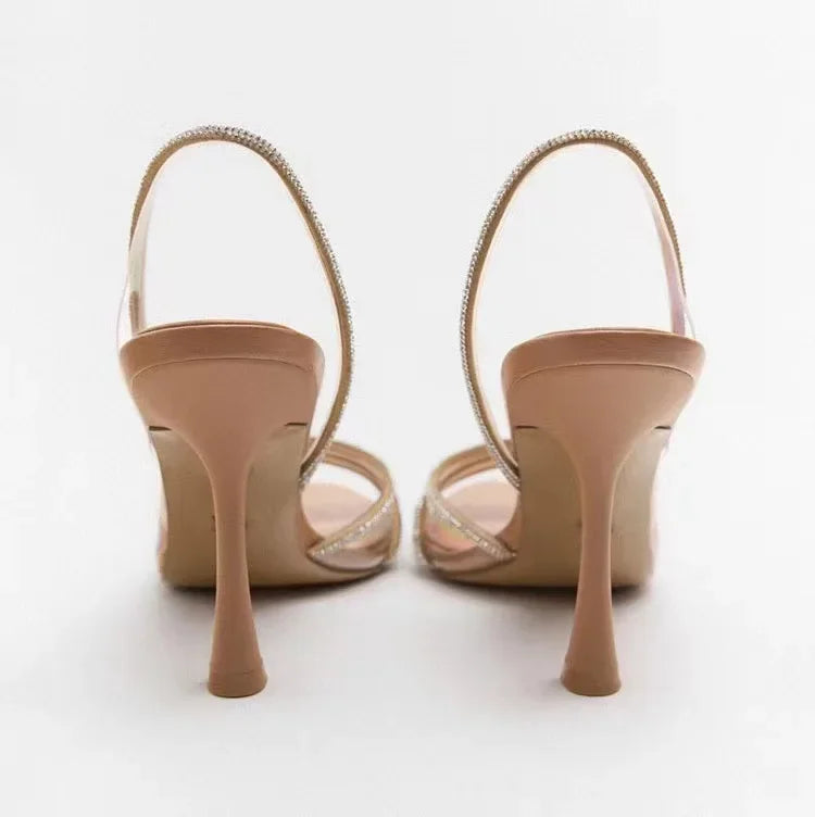 Damskie Eleganckie Sandały na Obcasie z Kryształowymi Paskami