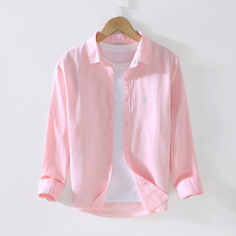 Męska koszula z mieszanki bawełny i lnu, z długim rękawem