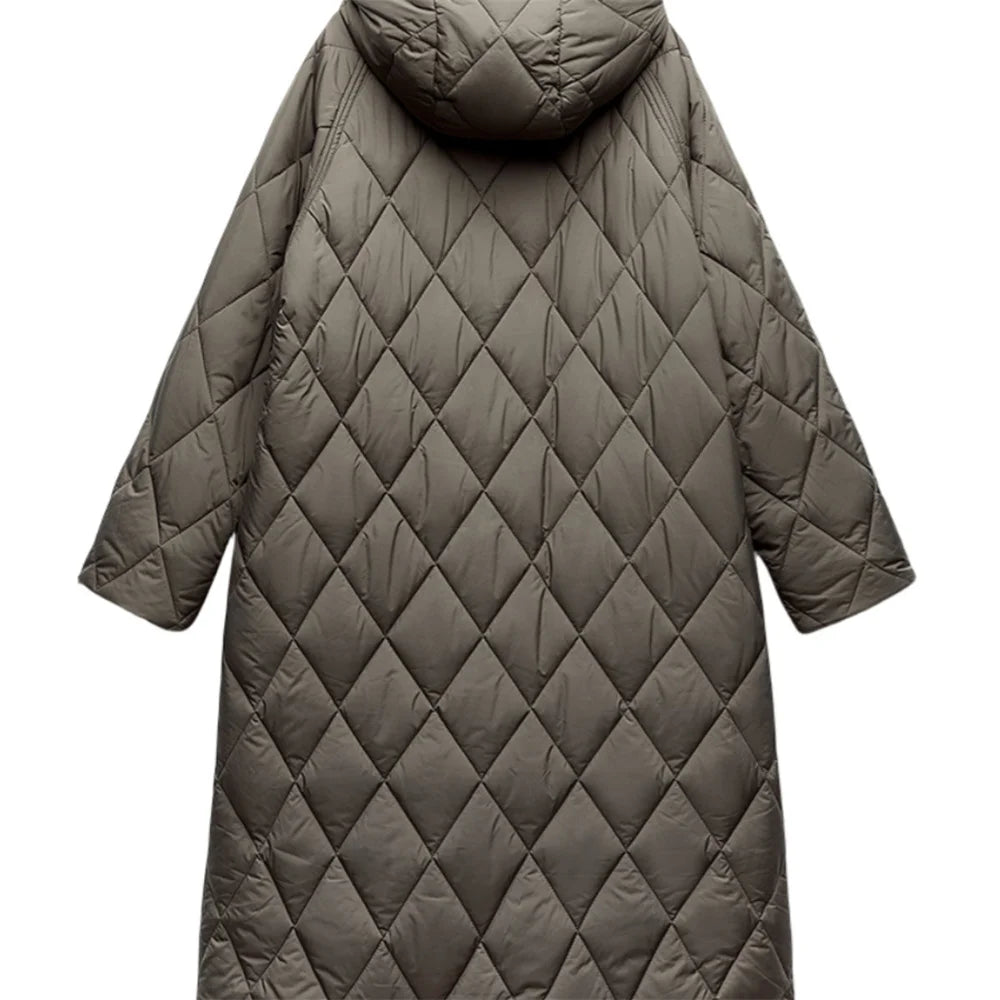 Damska długa kurtka oversize pikowana z kapturem