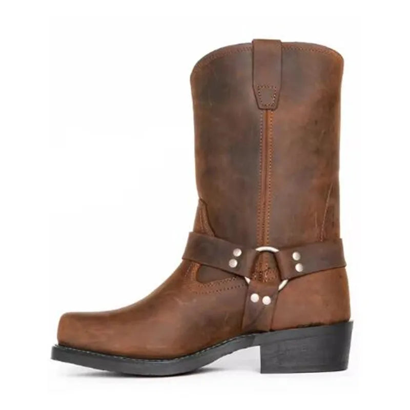 Męskie botki kowbojki z paskiem i nitami, klasyczny styl western