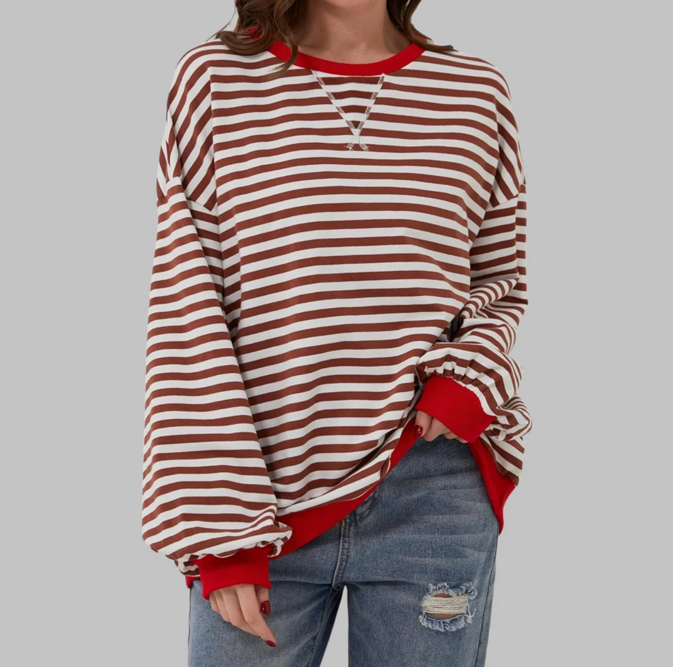 Damska Bluza w Paski z Długim Rękawem – Luźna Bluzka Casual