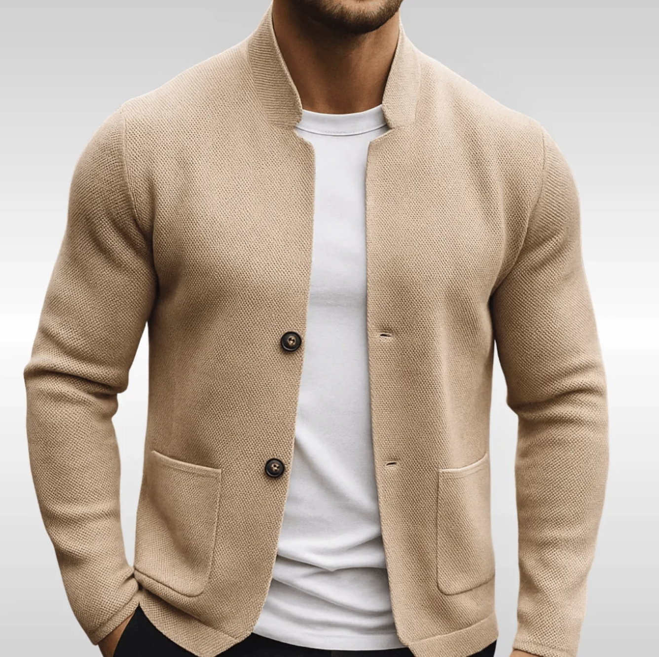 Męski Kardigan Dzianinowy ze Stójką – Elegancki Sweter Zapinany na Guziki