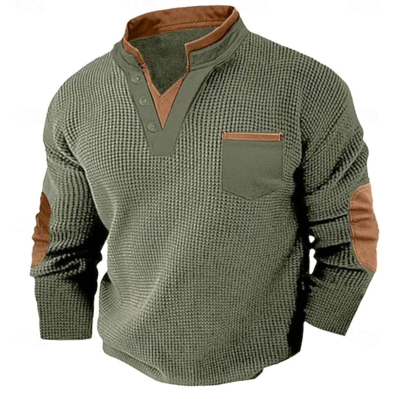 Męski Sweter Henley z Długim Rękawem i Kieszenią na Piersi