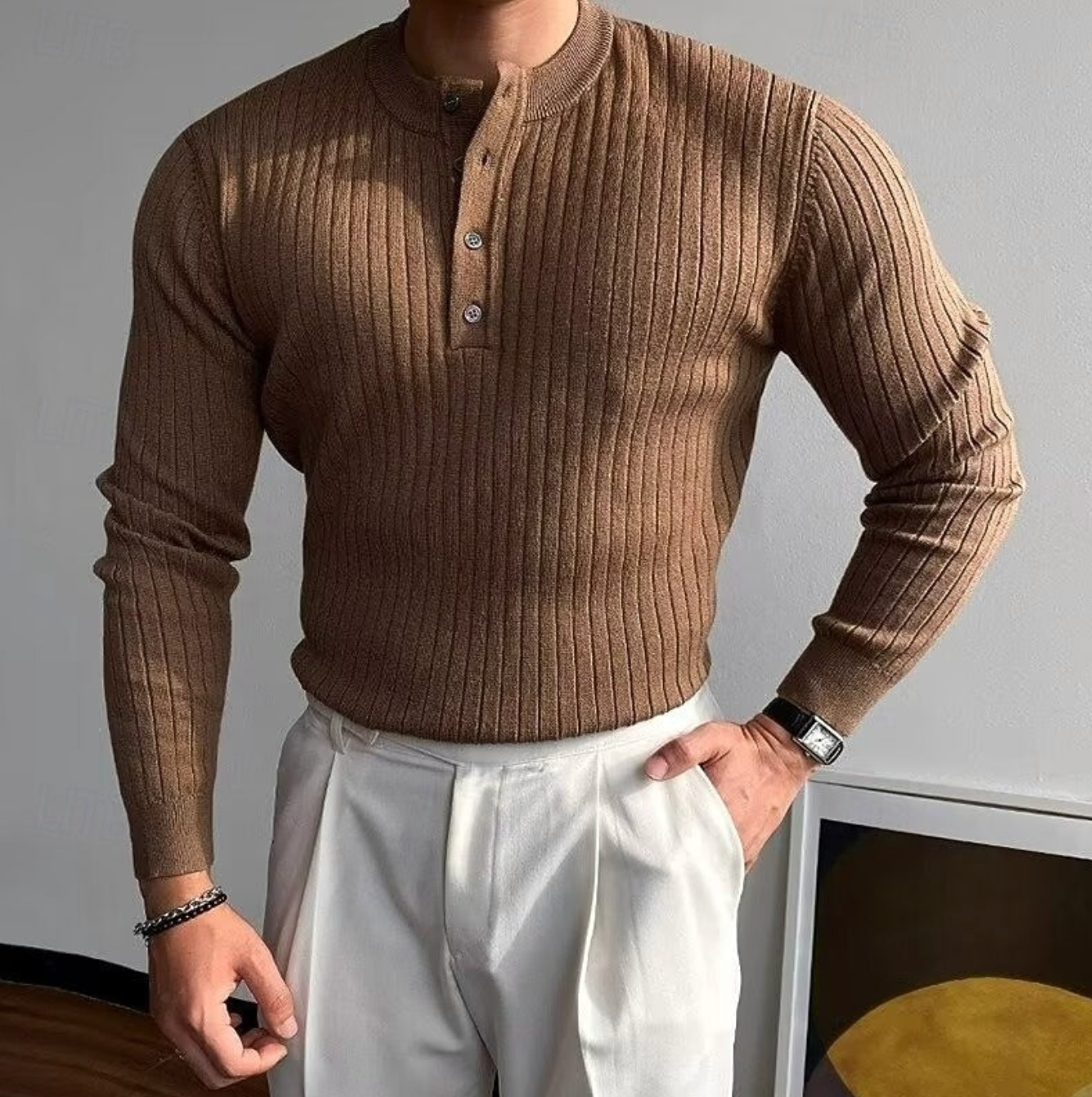 Męski Sweter Henley Prążkowany