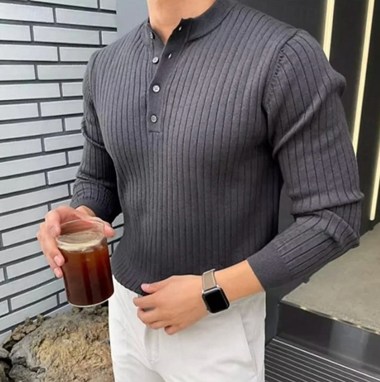 Męski Sweter Henley Prążkowany