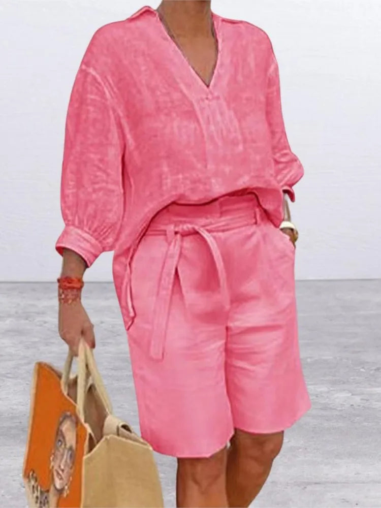 Lniany Komplet Damski z Koszulą i Szortami