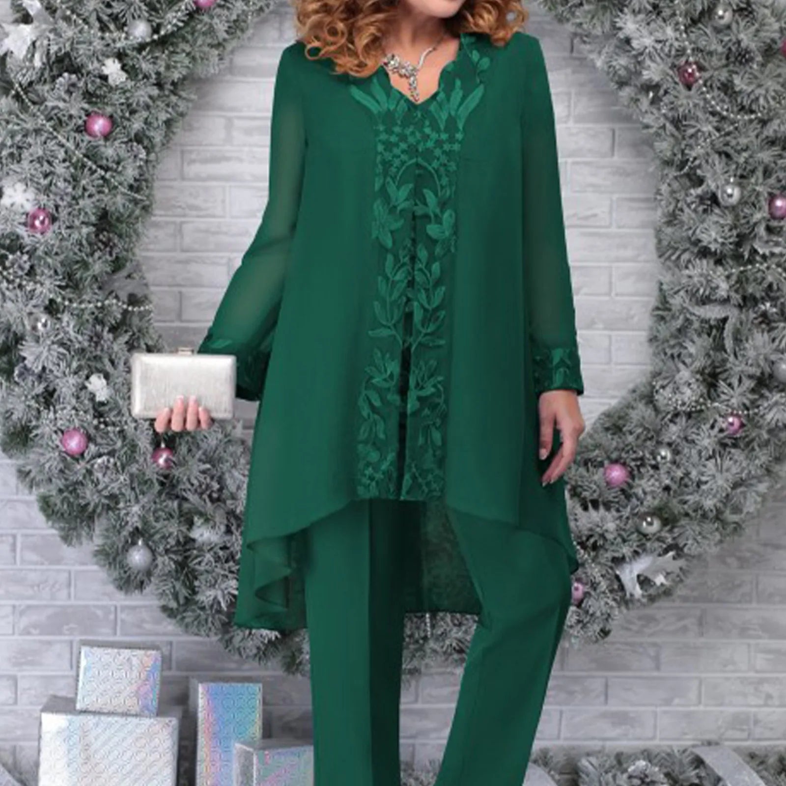 Elegancki komplet damski z tuniką i spodniami – szyfonowy zestaw na wesele i uroczystości