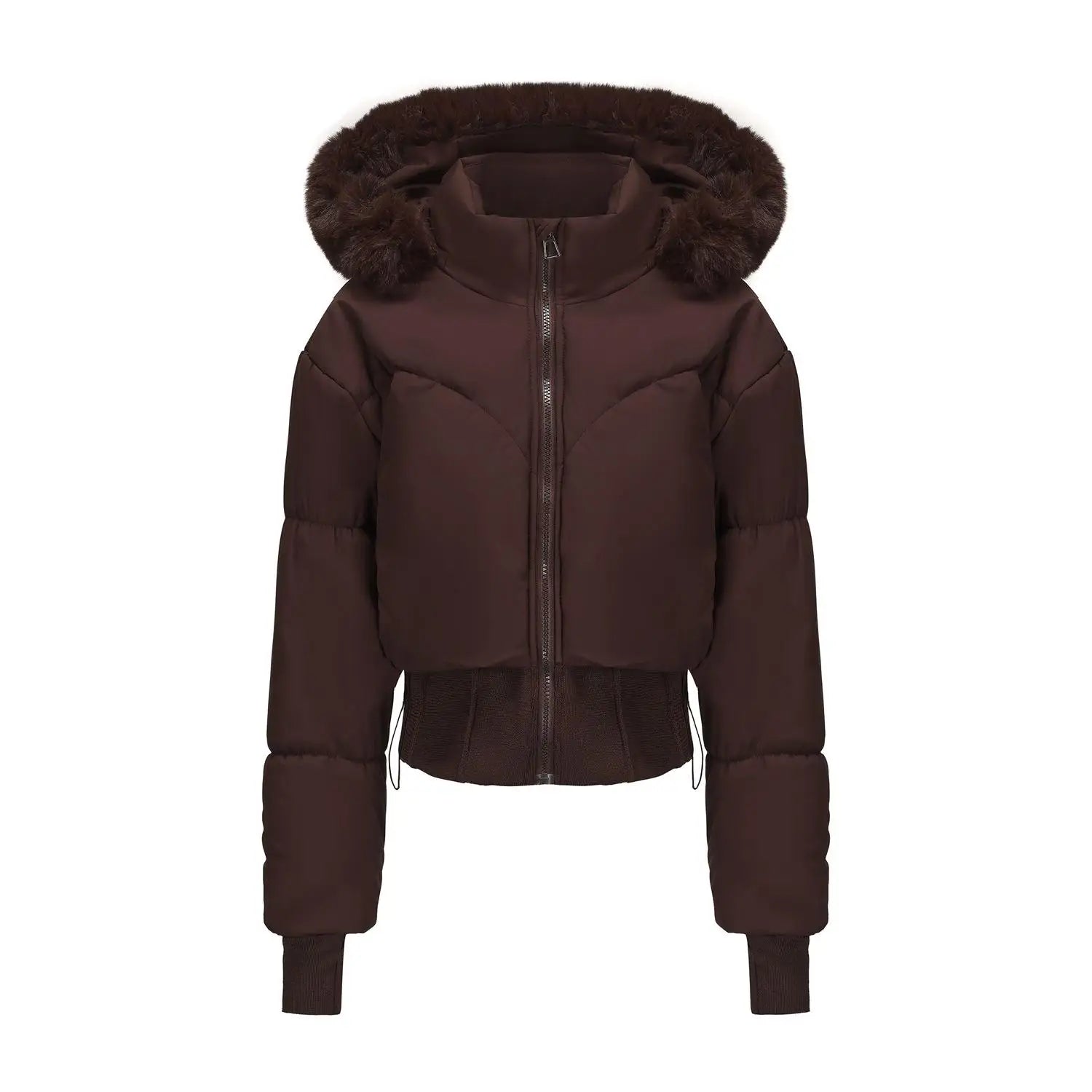 Damska krótka kurtka zimowa z kapturem i futerkiem – ocieplana puchówka z zamkiem